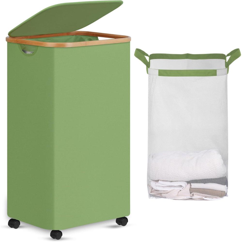 imageefluky Slim Laundry Basket with Lid Tall Narrow Washing Basket for Laundry Folding Small Slimline Laundry Baskets for Dirty Clothes 63L Cloth Storage Basket Beige EF63BeigeGreen