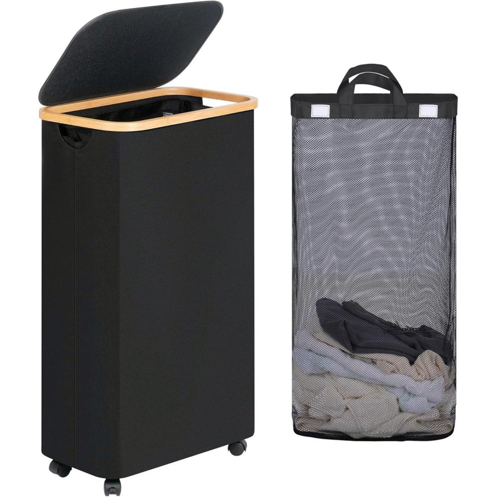 imageefluky Slim Laundry Basket with Lid Tall Narrow Washing Basket for Laundry Folding Small Slimline Laundry Baskets for Dirty Clothes 63L Cloth Storage Basket Beige EF63BeigeBlack