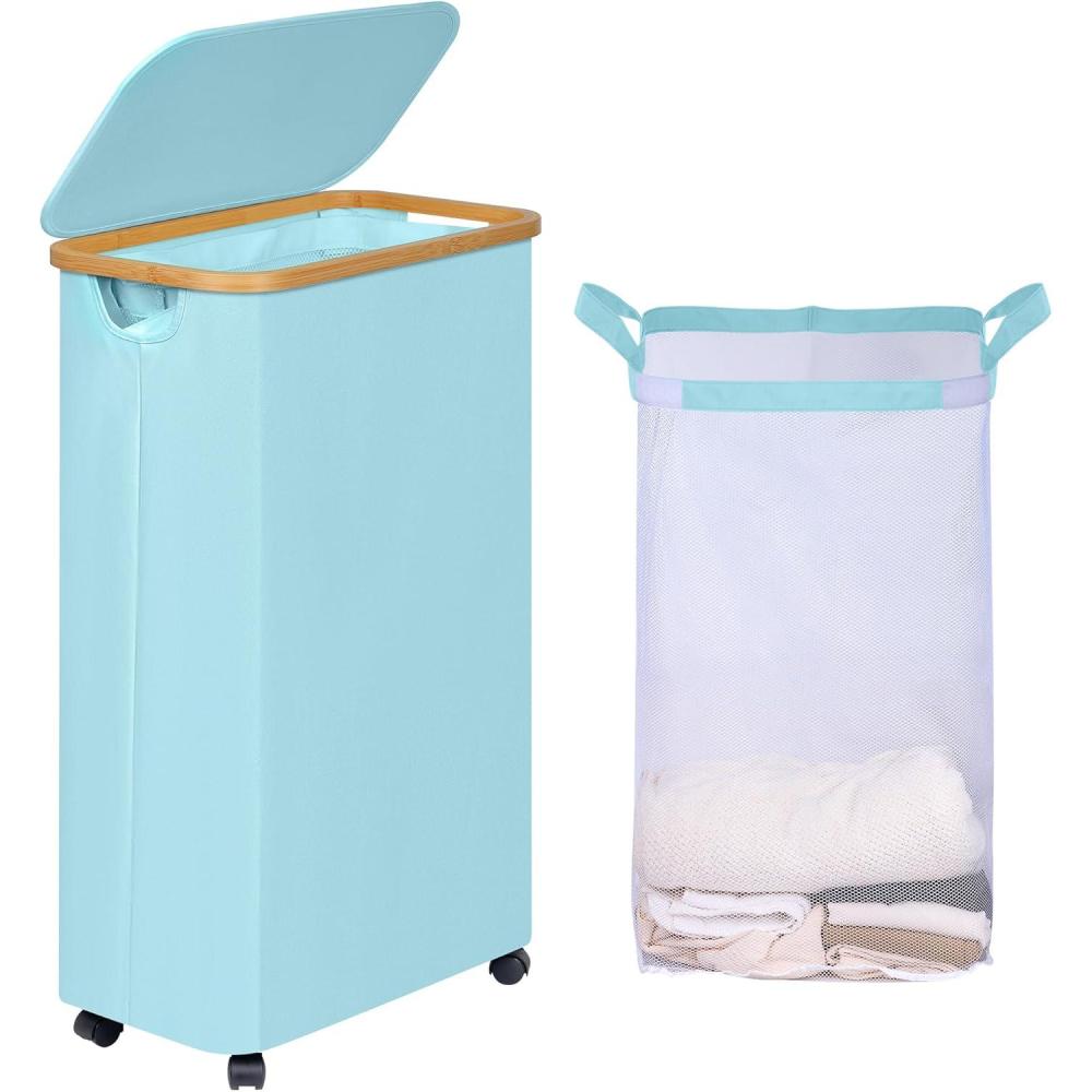 imageefluky Slim Laundry Basket with Lid Tall Narrow Washing Basket for Laundry Folding Small Slimline Laundry Baskets for Dirty Clothes 63L Cloth Storage Basket Beige EF63BeigeGlacier Blue