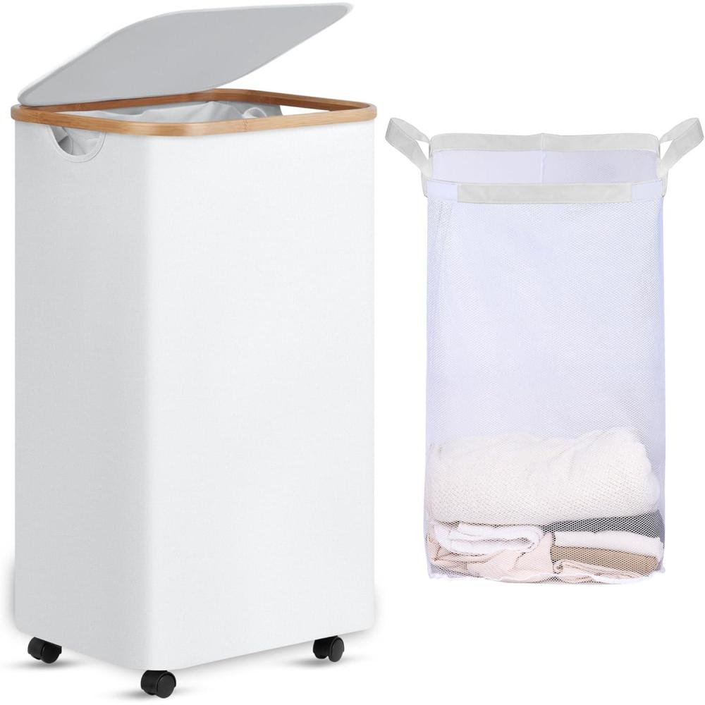 imageefluky Slim Laundry Basket with Lid Tall Narrow Washing Basket for Laundry Folding Small Slimline Laundry Baskets for Dirty Clothes 63L Cloth Storage Basket Beige EF63BeigeWhite