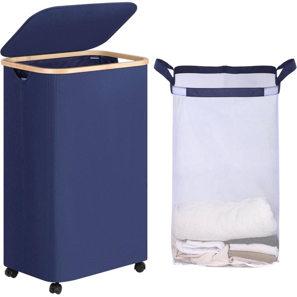imageefluky Slim Laundry Basket with Lid Tall Narrow Washing Basket for Laundry Folding Small Slimline Laundry Baskets for Dirty Clothes 63L Cloth Storage Basket Beige EF63BeigeBlue