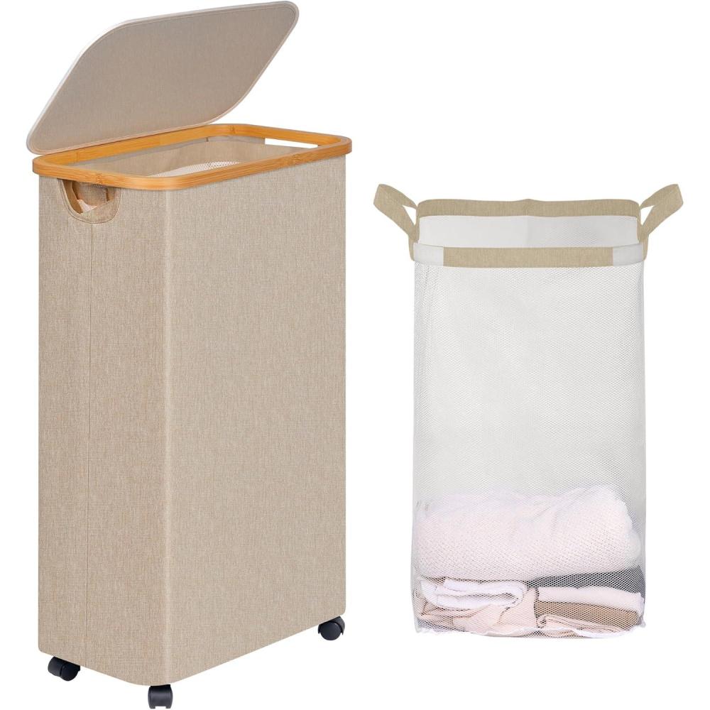 imageefluky Slim Laundry Basket with Lid Tall Narrow Washing Basket for Laundry Folding Small Slimline Laundry Baskets for Dirty Clothes 63L Cloth Storage Basket Beige EF63BeigeOatmeal