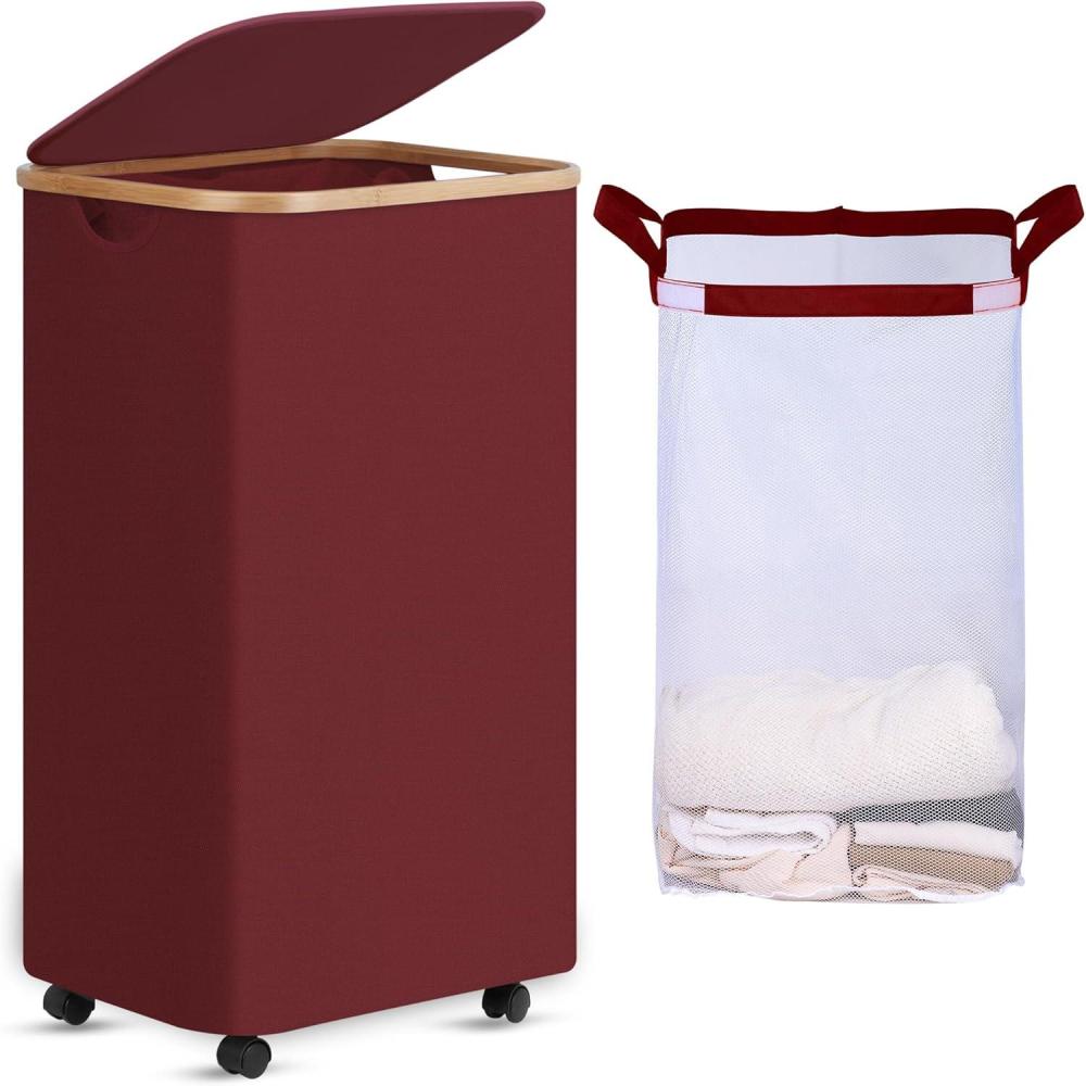 imageefluky Slim Laundry Basket with Lid Tall Narrow Washing Basket for Laundry Folding Small Slimline Laundry Baskets for Dirty Clothes 63L Cloth Storage Basket Beige EF63BeigeRose Red