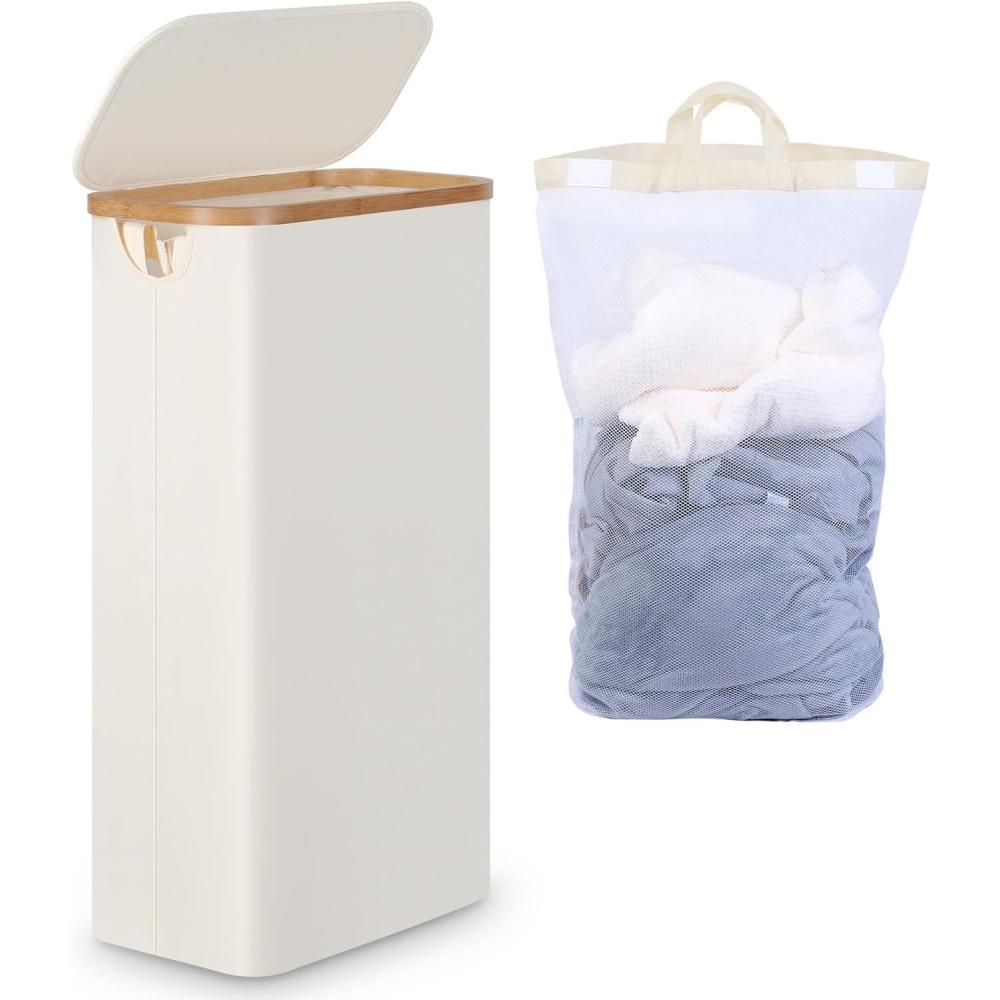 imageefluky Slim Laundry Basket with Lid Tall Narrow Washing Basket for Laundry Folding Small Slimline Laundry Baskets for Dirty Clothes 63L Cloth Storage Basket Beige EF63BeigeBeige