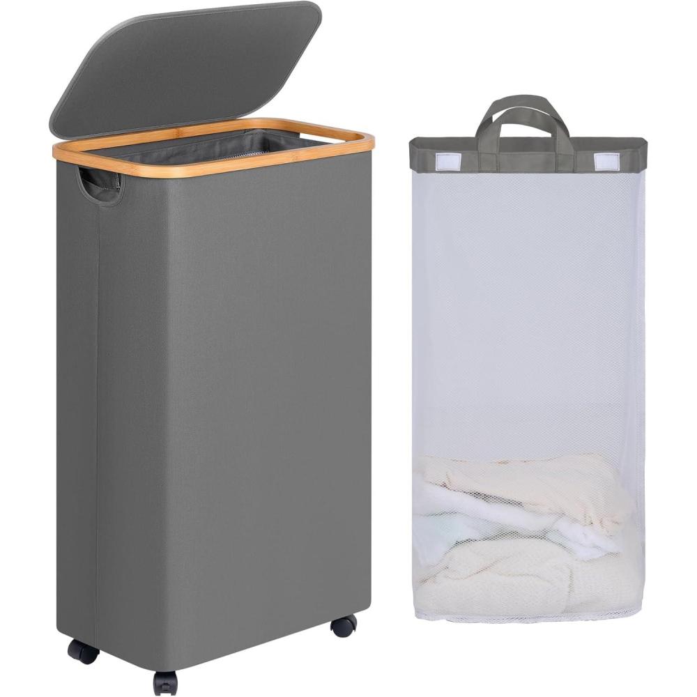 imageefluky Slim Laundry Basket with Lid Tall Narrow Washing Basket for Laundry Folding Small Slimline Laundry Baskets for Dirty Clothes 63L Cloth Storage Basket Beige EF63BeigeGrey