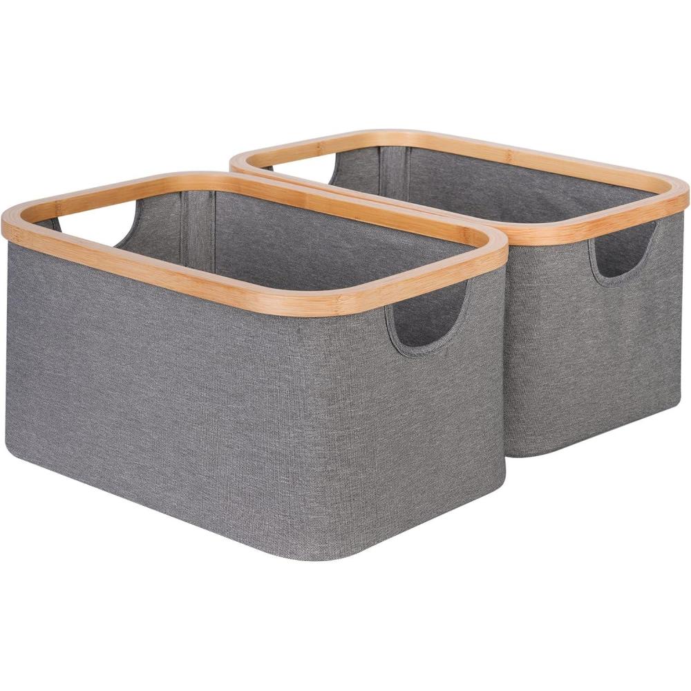 imageefluky Storage Baskets for Organizing Fabric Storage Bins with Bamboo Handles Collapsible Storage Baskets for Shelves and Closet Grey Set of 2Gray