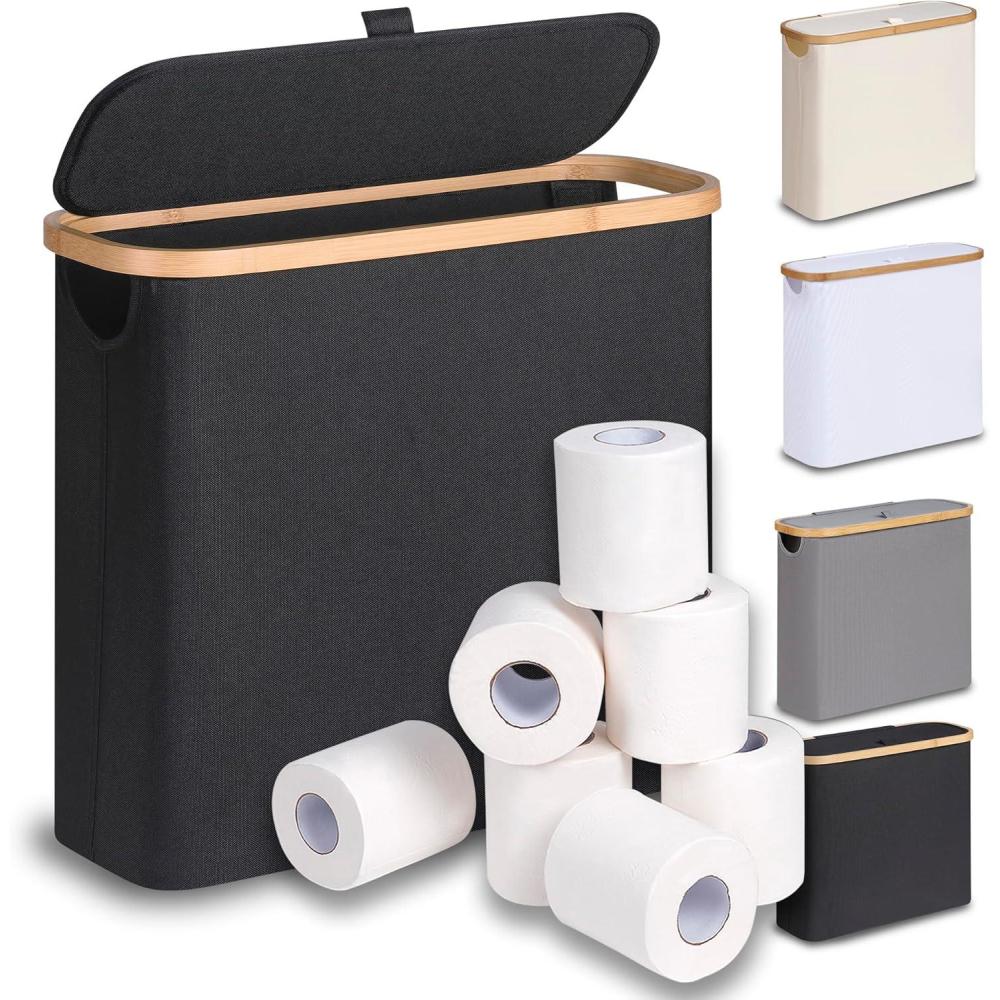 imageefluky Toilet Paper Basket 28L Toilet Paper Holder with Lid for Bathroom Free Standing Storage Organizer Holds Up to 912 Rolls Beige 1Black