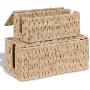 efluky 2 Pack Hand-Woven Cable Management Box with Lid, Water Hyacinth Open Slots Cord Box to Hide USB Wire, Power Strip & Charger for Home & Office and Dorm, Natural(Plastic Natural)