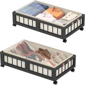 efluky 2-Pack Bamboo Under Bed Storage Containers with Wheels, Under Bed Clothes Storage Basket with Large Dust Bag, Rolling UnderBed Storage for Bedroom, Dorm and Basement, Nature(Black)