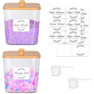 efluky 3 Pack Laundry Pods Container & Dryer Sheet Holder Set,Clear Laundry Room Organization Containers with Bamboo Lids and Labels,Laundry Pods Holder for Scent Booster,Powder,Pod(2 pack)