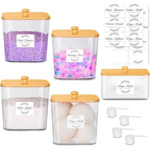 efluky 3 Pack Laundry Pods Container & Dryer Sheet Holder Set,Clear Laundry Room Organization Containers with Bamboo Lids and Labels,Laundry Pods Holder for Scent Booster,Powder,Pod(5 pack)