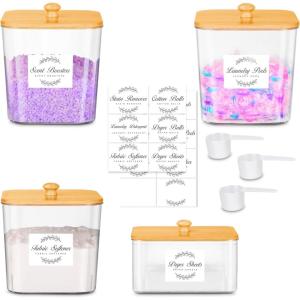 efluky 3 Pack Laundry Pods Container & Dryer Sheet Holder Set,Clear Laundry Room Organization Containers with Bamboo Lids and Labels,Laundry Pods Holder for Scent Booster,Powder,Pod(4 pack)