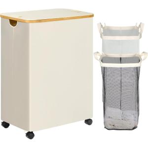 efluky Double Laundry Hamper with Wheels, Divided Laundry Hamper with Removable Bags, 2 Section Dirty Clothes Basket with Handles for Bathroom, Bedroom & Laundry Room, 160L Beige