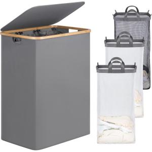 efluky Laundry Hamper with Lid, Double Laundry Hamper with 2 Removable Bags, 2 Section Laundry Basket with Bamboo Handles for Bathroom, Bedroom & Laundry Room, 140L (36.9 Gallon) Beige(Silver Grey)