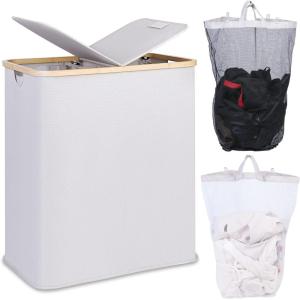 efluky Laundry Hamper with Lid, Double Laundry Hamper with 2 Removable Bags, 2 Section Laundry Basket with Bamboo Handles for Bathroom, Bedroom & Laundry Room, 140L (36.9 Gallon) Beige(Light Grey)