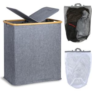 efluky Laundry Hamper with Lid, Double Laundry Hamper with 2 Removable Bags, 2 Section Laundry Basket with Bamboo Handles for Bathroom, Bedroom & Laundry Room, 140L (36.9 Gallon) Beige(Blue Grey)