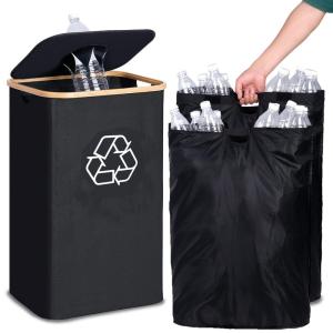 efluky Recycling Bin 100L, 26 Gallon Recycle Bins for Kitchen Indoor Outdoor Home with 2 Removeable and Reusable Inner Bag, Tall Recycle bin for Bottle Can Plastice Stickers (Beige)(Black)
