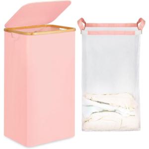 efluky Slim Laundry Basket with Lid, Narrow Laundry Hamper with Removable Bag, Skinny Dirty Clothes Basket with Bamboo Handles for Bathroom, Bedroom & Laundry Room, 75L Pink(Pastel‌)
