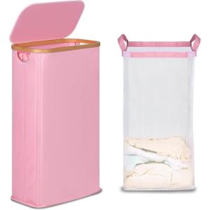 efluky Slim Laundry Basket with Lid, Narrow Laundry Hamper with Removable Bag, Skinny Dirty Clothes Basket with Bamboo Handles for Bathroom, Bedroom & Laundry Room, 75L Pink(Pink)