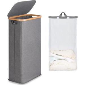 efluky Slim Laundry Basket with Lid, Narrow Laundry Hamper with Removable Bag, Skinny Dirty Clothes Basket with Bamboo Handles for Bathroom, Bedroom & Laundry Room, 75L Pink(Grey)