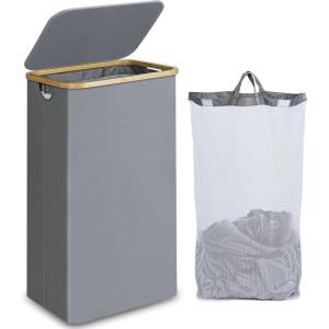 efluky Slim Laundry Basket with Lid, Narrow Laundry Hamper with Removable Bag, Skinny Dirty Clothes Basket with Bamboo Handles for Bathroom, Bedroom & Laundry Room, 75L Pink(Silver Grey)