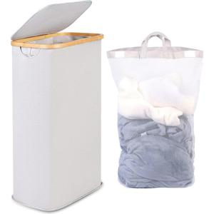 efluky Slim Laundry Basket with Lid, Narrow Laundry Hamper with Removable Bag, Skinny Dirty Clothes Basket with Bamboo Handles for Bathroom, Bedroom & Laundry Room, 75L Pink(Light Grey)