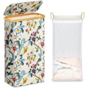 efluky Slim Laundry Basket with Lid, Narrow Laundry Hamper with Removable Bag, Skinny Dirty Clothes Basket with Bamboo Handles for Bathroom, Bedroom & Laundry Room, 75L Pink(Floral)