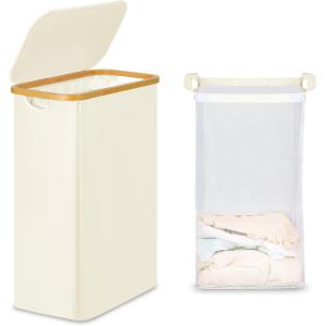 efluky Slim Laundry Basket with Lid, Narrow Laundry Hamper with Removable Bag, Skinny Dirty Clothes Basket with Bamboo Handles for Bathroom, Bedroom & Laundry Room, 75L Pink(Beige)