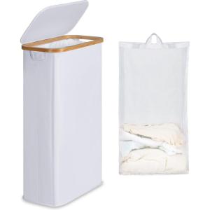 efluky Slim Laundry Basket with Lid, Narrow Laundry Hamper with Removable Bag, Skinny Dirty Clothes Basket with Bamboo Handles for Bathroom, Bedroom & Laundry Room, 75L Pink(White)