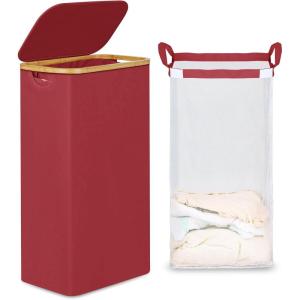 efluky Slim Laundry Basket with Lid, Narrow Laundry Hamper with Removable Bag, Skinny Dirty Clothes Basket with Bamboo Handles for Bathroom, Bedroom & Laundry Room, 75L Pink(Burgundy)