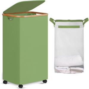 efluky Slim Laundry Basket with Lid, Tall Narrow Washing Basket for Laundry, Folding Small Slimline Laundry Baskets for Dirty Clothes, 63L Cloth Storage Basket Beige, EF-63Beige(Green)
