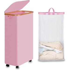 efluky Slim Laundry Basket with Lid, Tall Narrow Washing Basket for Laundry, Folding Small Slimline Laundry Baskets for Dirty Clothes, 63L Cloth Storage Basket Beige, EF-63Beige(Pink)