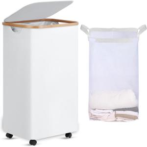 efluky Slim Laundry Basket with Lid, Tall Narrow Washing Basket for Laundry, Folding Small Slimline Laundry Baskets for Dirty Clothes, 63L Cloth Storage Basket Beige, EF-63Beige(White)