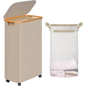 efluky Slim Laundry Basket with Lid, Tall Narrow Washing Basket for Laundry, Folding Small Slimline Laundry Baskets for Dirty Clothes, 63L Cloth Storage Basket Beige, EF-63Beige(Oatmeal)
