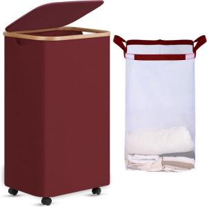 efluky Slim Laundry Basket with Lid, Tall Narrow Washing Basket for Laundry, Folding Small Slimline Laundry Baskets for Dirty Clothes, 63L Cloth Storage Basket Beige, EF-63Beige(Rose Red)
