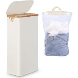 efluky Slim Laundry Basket with Lid, Tall Narrow Washing Basket for Laundry, Folding Small Slimline Laundry Baskets for Dirty Clothes, 63L Cloth Storage Basket Beige, EF-63Beige(Beige)