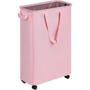 efluky Slim Laundry Hamper with Wheels, Rolling Laundry Basket for Clothes, Small Laundry Basket for Bedroom, Dorm and Laundry Room, 60L (12.7 Gallons) Beige(Pink)