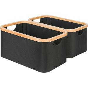 efluky Storage Baskets for Organizing, Fabric Storage Bins with Bamboo Handles, Collapsible Storage Baskets for Shelves and Closet, Grey Set of 2(Black)