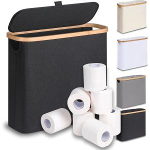 efluky Toilet Paper Basket 28L, Toilet Paper Holder with Lid for Bathroom, Free Standing Storage Organizer Holds Up to 9-12 Rolls (Beige, 1)(Black)