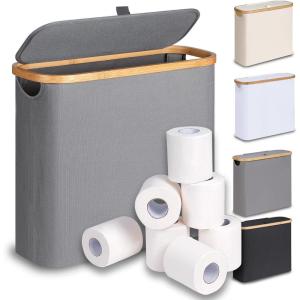efluky Toilet Paper Basket 28L, Toilet Paper Holder with Lid for Bathroom, Free Standing Storage Organizer Holds Up to 9-12 Rolls (Beige, 1)(Grey)